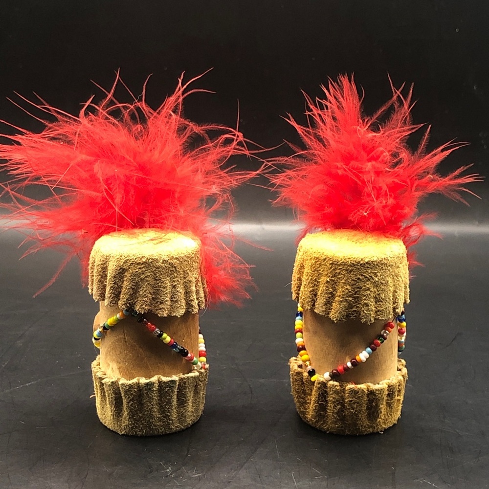Vintage Feathered Leather and Wooden Drum Salt & Pepper Shakers